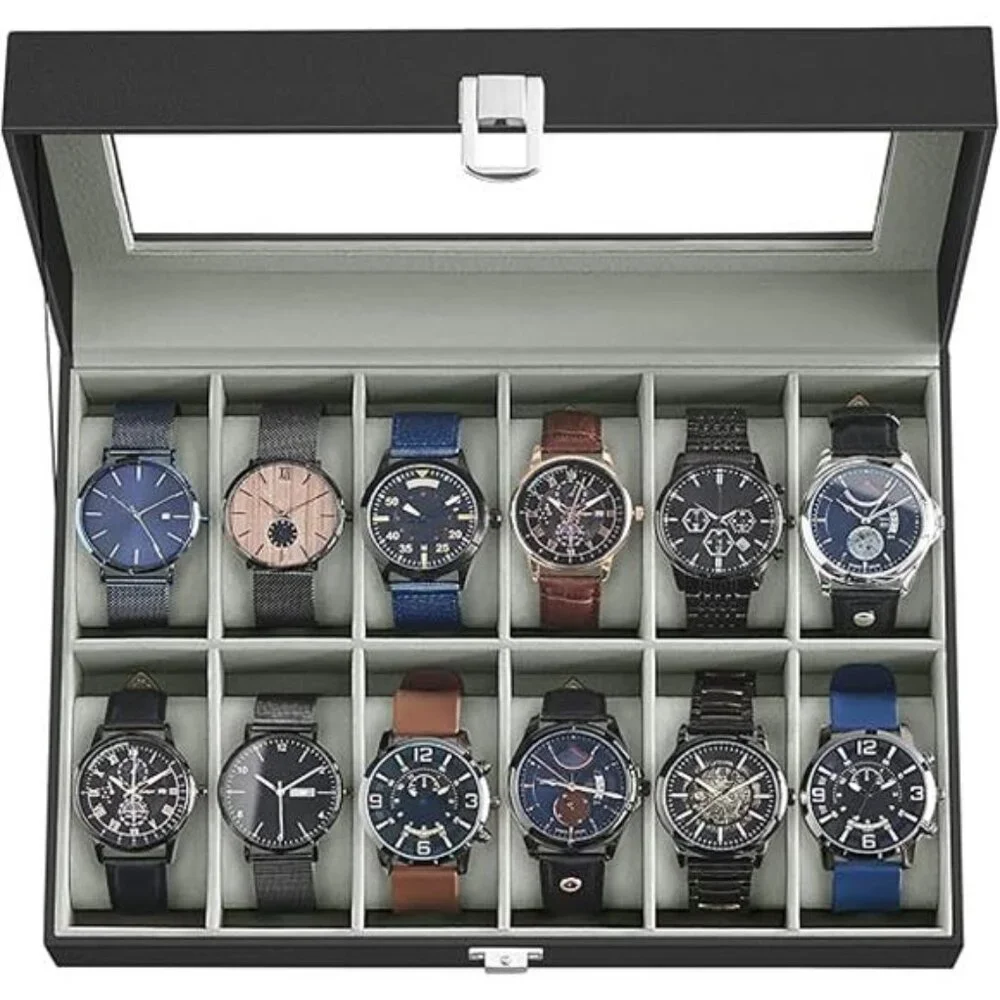 Watch Box, 12-Slot Watch Case Organizer with Large Glass Lid, Removable Pillows
